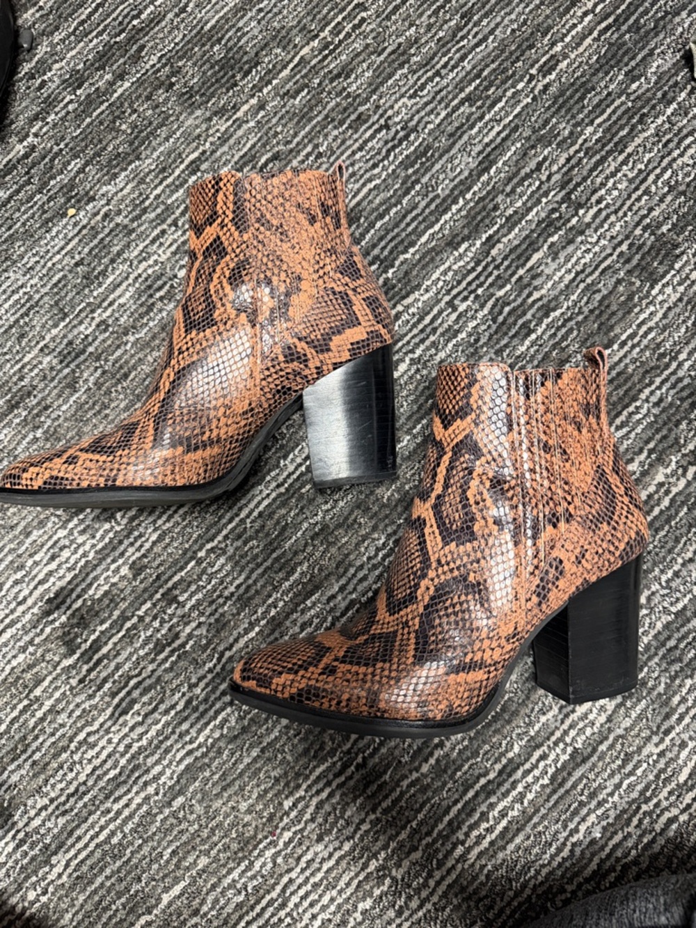 Marc Fisher Brown and Black Snake-Print Block Heel Ankle Boots